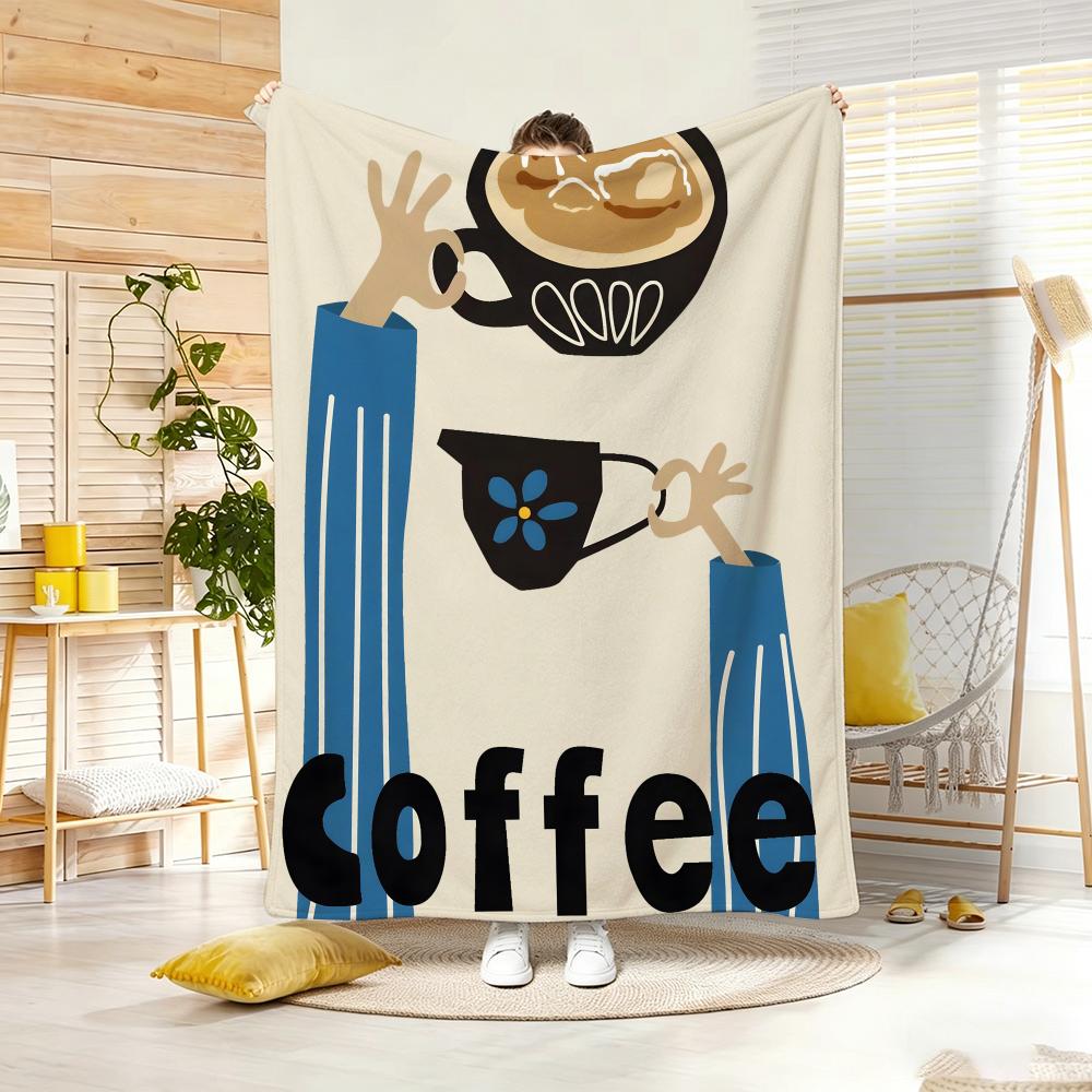 Cartoon C-Creative coffee illustration Throw Lightweight 240g Flannel Blanket Soft Skin-friendly for Summer Cooling