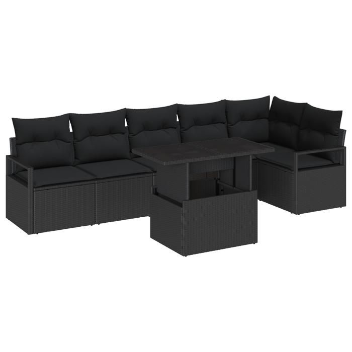 Ensemble de Canapé de Jardin 7 Pièces avec Coussins en Rattan Noir, Canapé de Jardin 2 Places avec Rangement & Coussins en 3357576