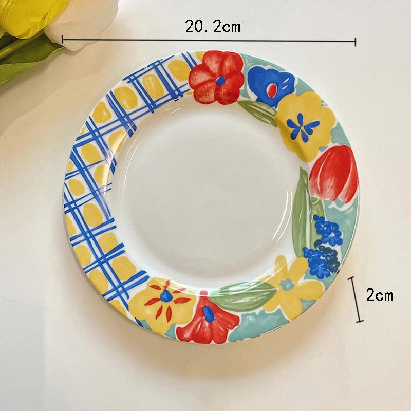 Retro oljemaleri-stil keramisk tallerken Kreativ håndmalt blomst Middagstallerkener Ettermiddagste Frukt Dessert Snacks Servise