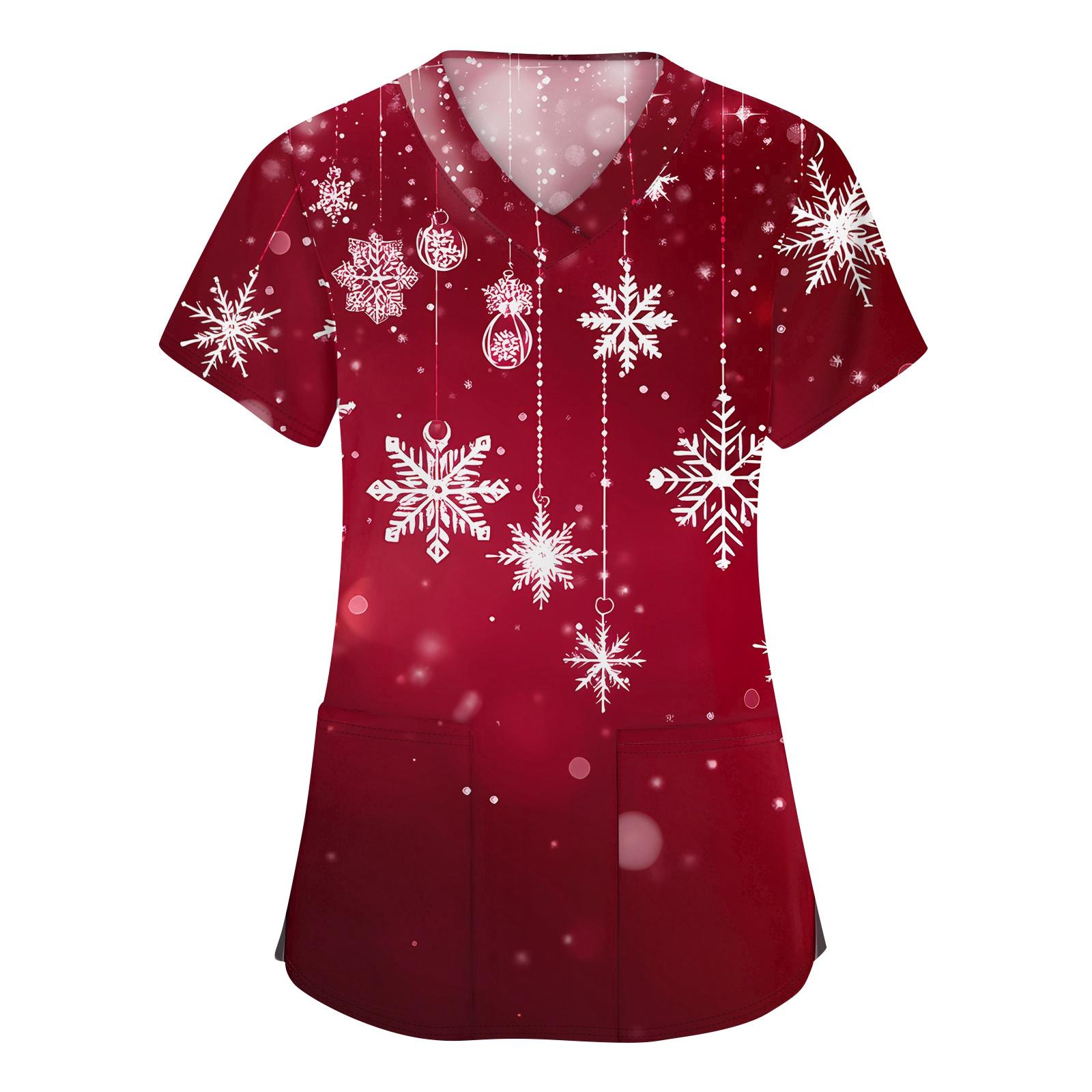 

Женская мода с v-образным вырезом, короткими рукавами и карманами, топы с рождественским принтом M винный