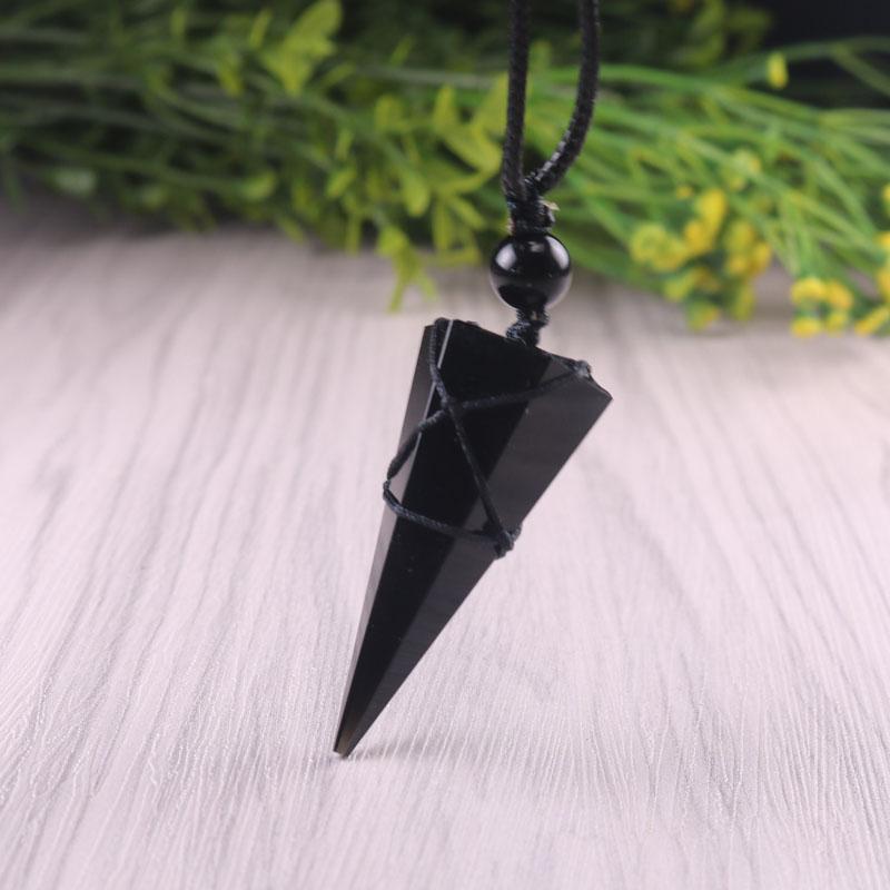 Natural Obsidian Stone Crystal Point Pendant Black Stone Charm Necklace Amulet
