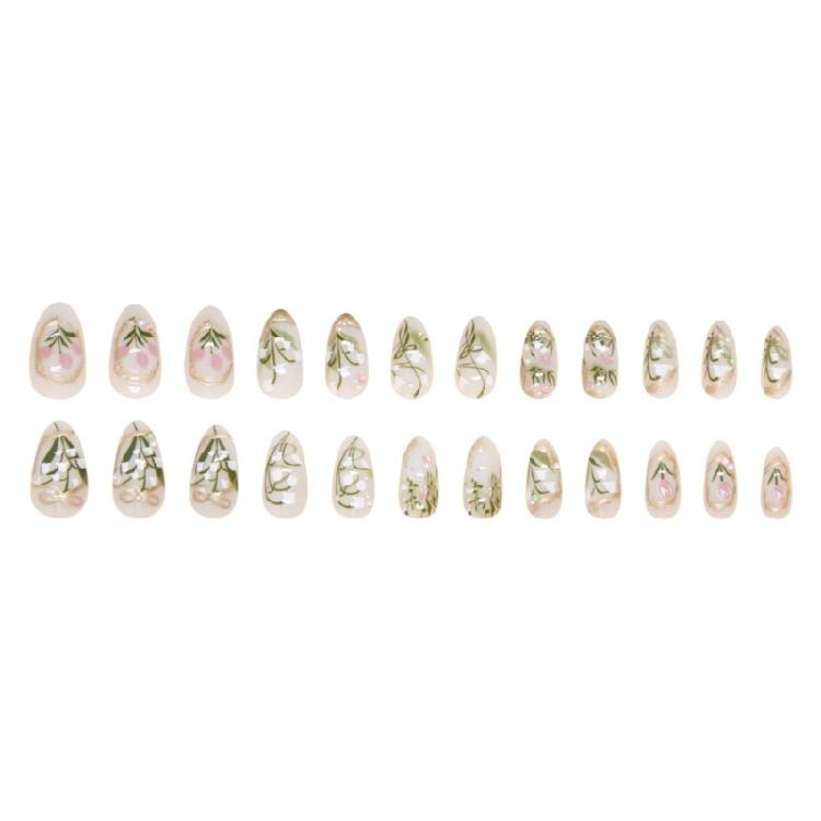 24Pcs Medium Almond Press On Nail Flower Design Artificial Nail with Rhinestones False Nail for Fashionable Women