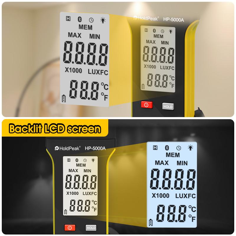 HoldPeak HP-5000A Portable Digital Luminance Meter 1-400,000Lux Range 0.1LUX/FC Resolution Data Logging with Backlight Feature
