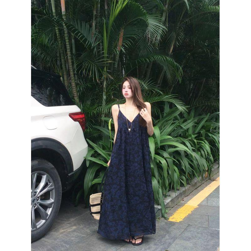 

Kumikumi Платье в винтажном французском стиле Женское Летнее Сексуальное с открытой спиной на бретелях Юбка Праздничный стиль Повседневное Свободное Длинное платье Tibetan Blue L