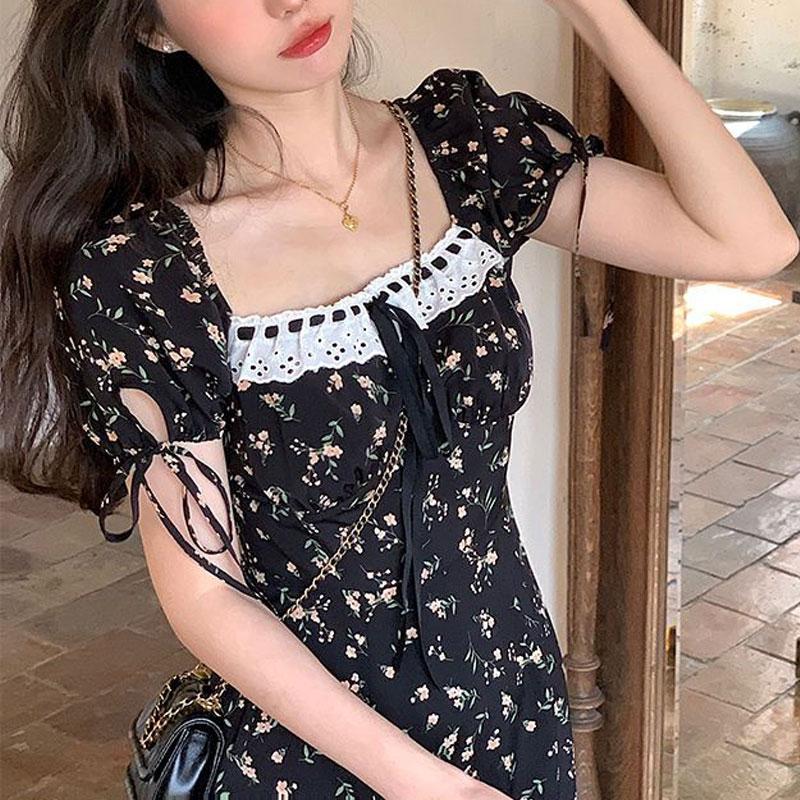 

Платья с принтом «сломанные цветы» во французском стиле, женское элегантное платье миди А-силуэта с квадратным вырезом, кружевной отделкой, летнее, с разрезом, модное, на кулиске S чёрный