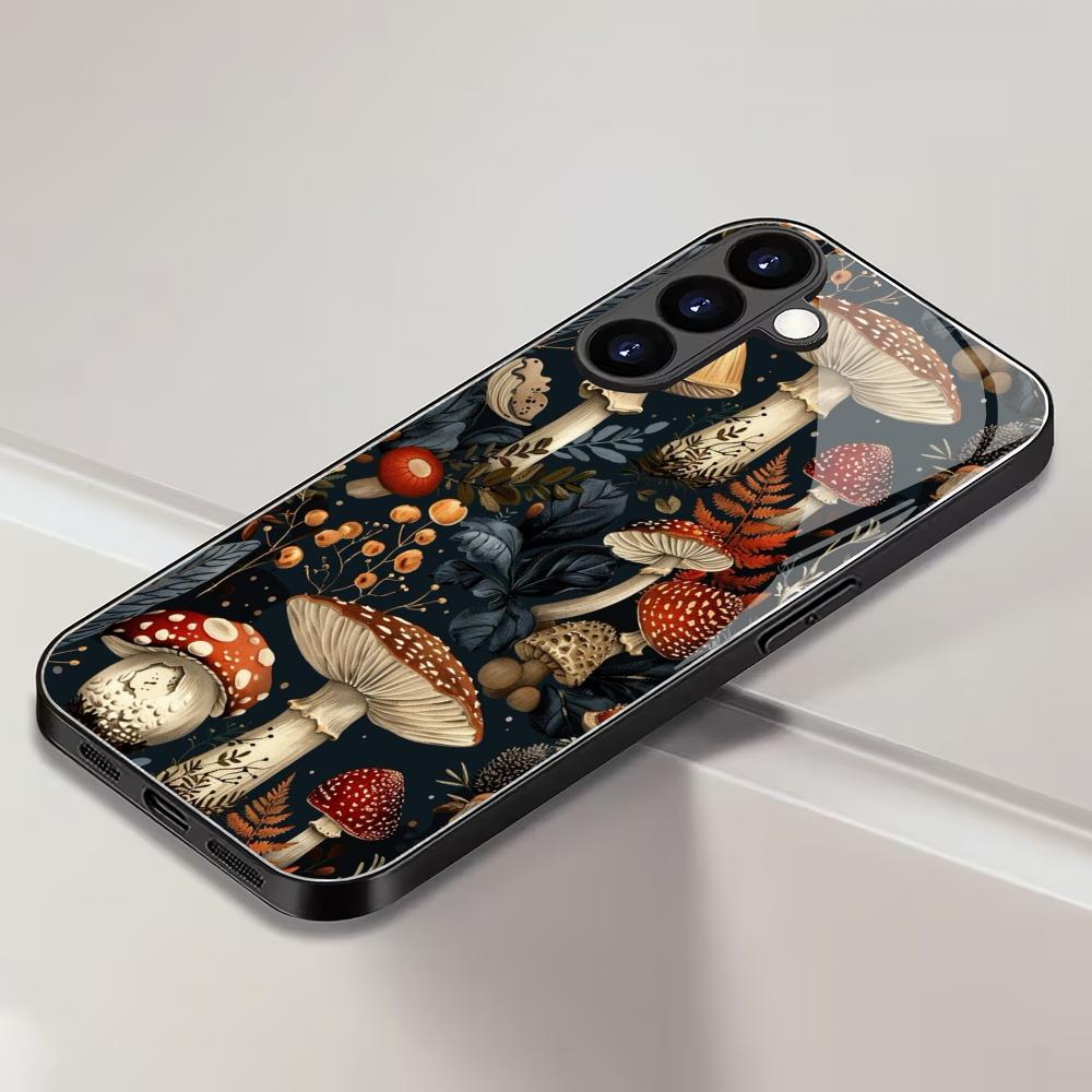 Pilzwald gehärtetes Glas Handyhülle geeignet für Samsung Galaxy S26 S25 S24 S23 S22 S20 FE/Ultra/Plus Anti-Drop-Rückabdeckung
