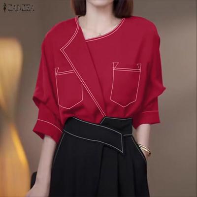 Camicetta casual da donna con scollo rotondo e maniche corte