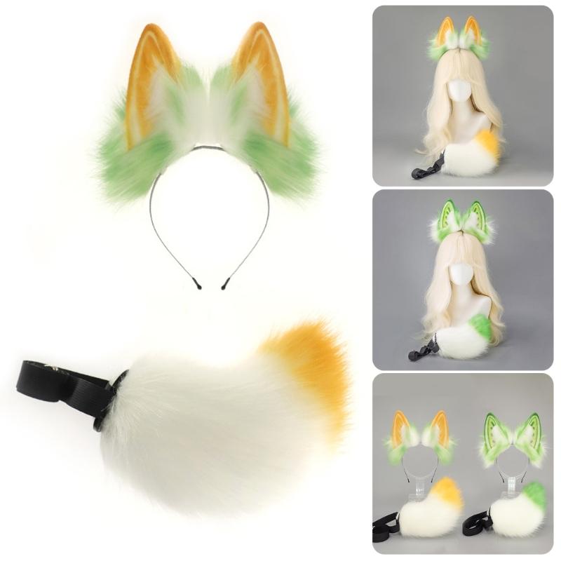 Faux Furs Bunnies Ears Headband Tail Animal Bunnies Costumes for Christmas Halloween Cosplay Party Costume Accessories