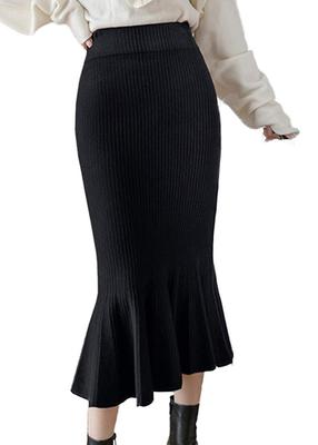 AIKA Mermaid Tight Knit Midi Stretch Ribbed Solid One Size Black Skirt, Skirt, Skirt, Knee-Length, Warm, Knit, Color, Women's, (M-L),