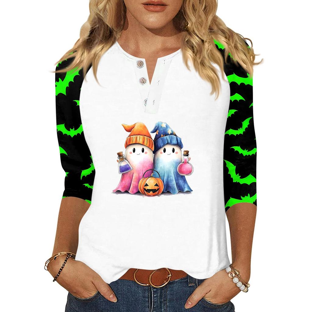 Dames T-shirt Halloween Print Knopen 3/4 Mouw Dagelijks Weekend Mode Basic V-Hals Normaal Topje