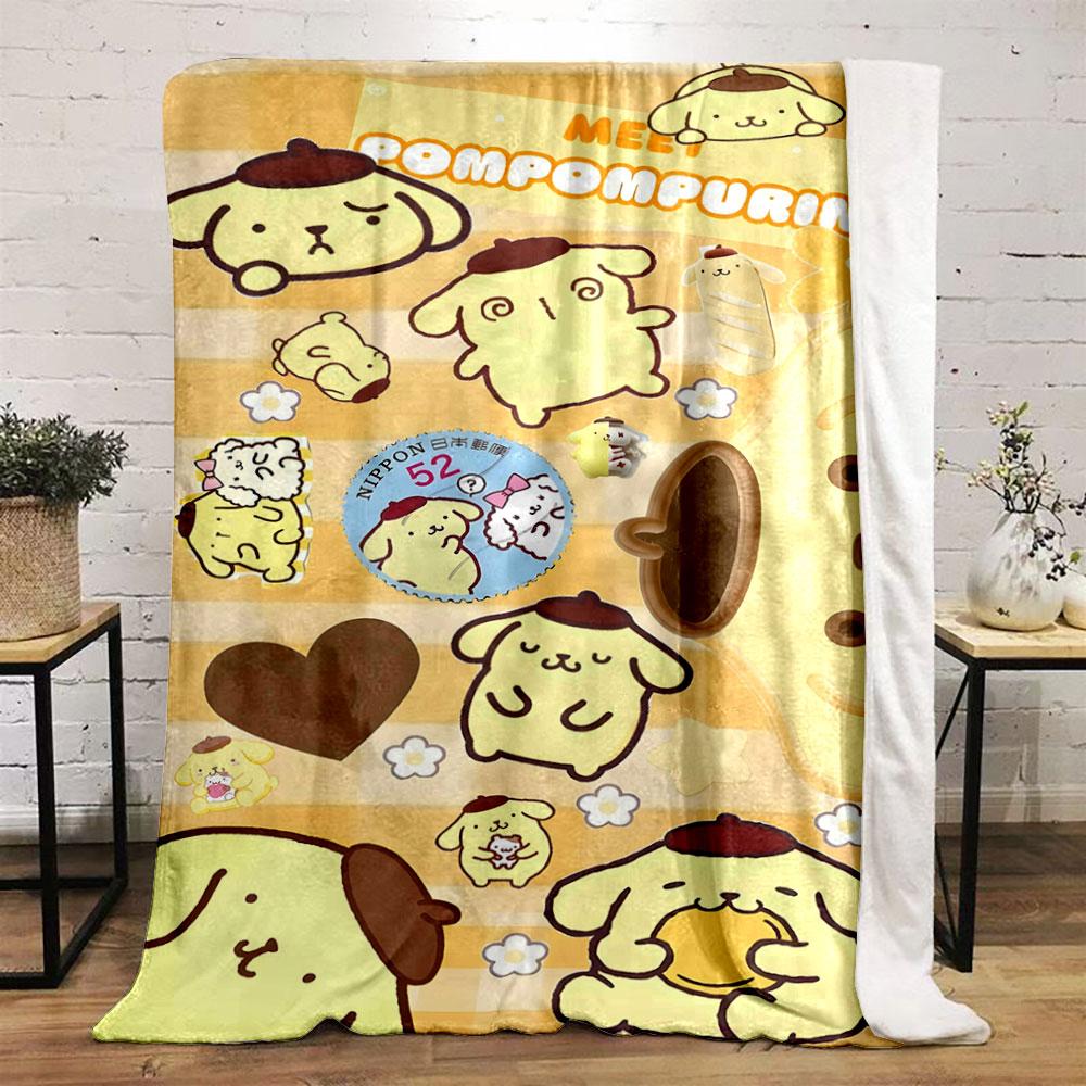 Yellow cartoon dog with brown beret surrounded by hearts and flowers. for all seasons blanket lunch break throw gift