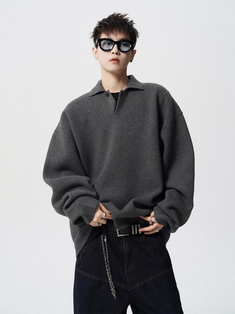 Men's Trendy High-End POLO Collar Sweater - Solid Color Knitwear for Spring & Autumn, Versatile American BF Couple Style