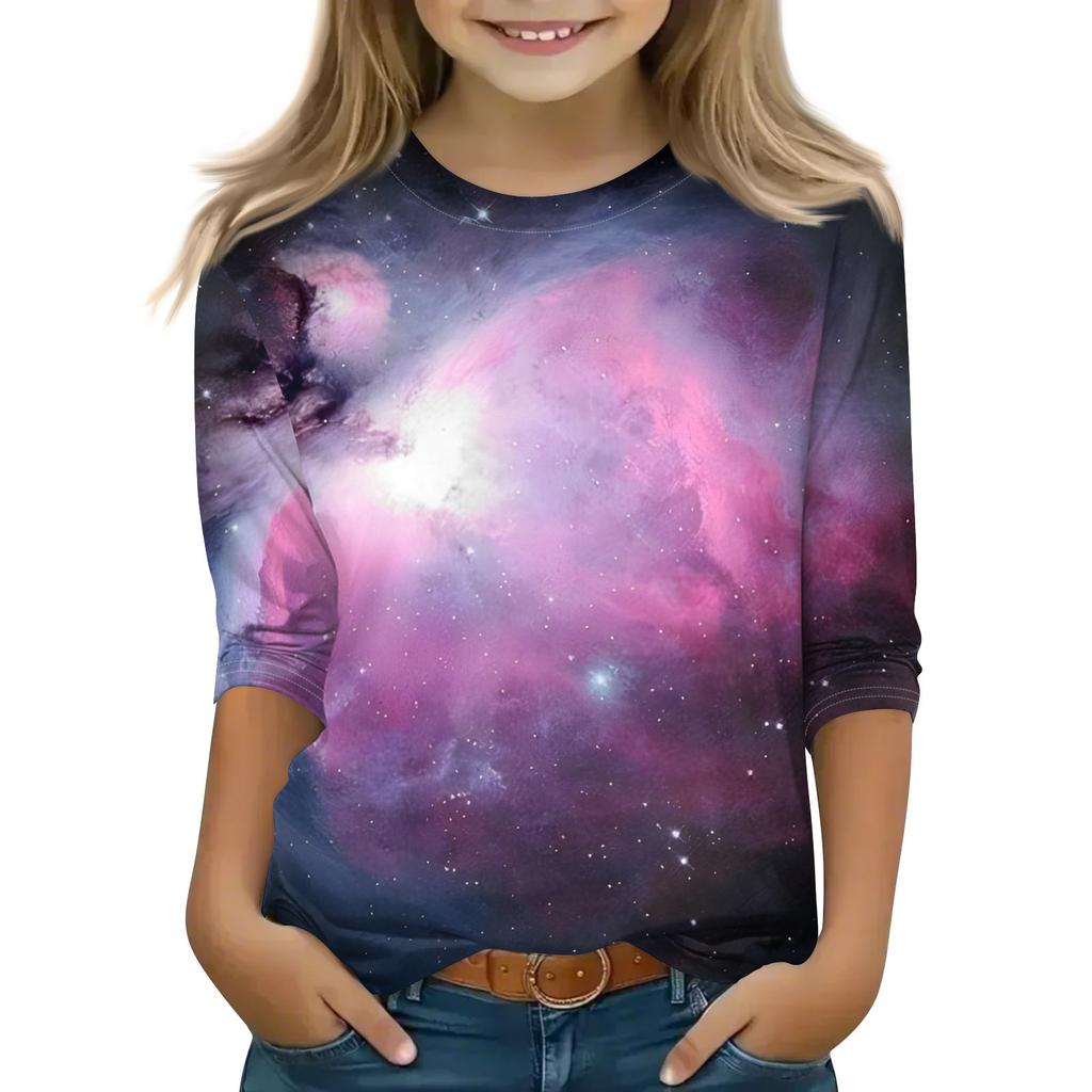 Bedruckte Oberteile für junge Mädchen von 5–16 Jahren, Rundhalsausschnitt, 3/4-Ärmel, T-Shirts, trendige Oberteile, Outfit-T-Shirts