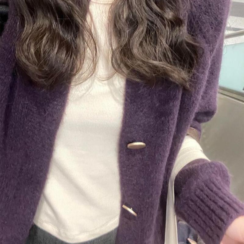Purple Raccoon Down Cardigan Sweater Coat for Women Autumn Winter Loose Lazy Style Outerwear Knitted Top