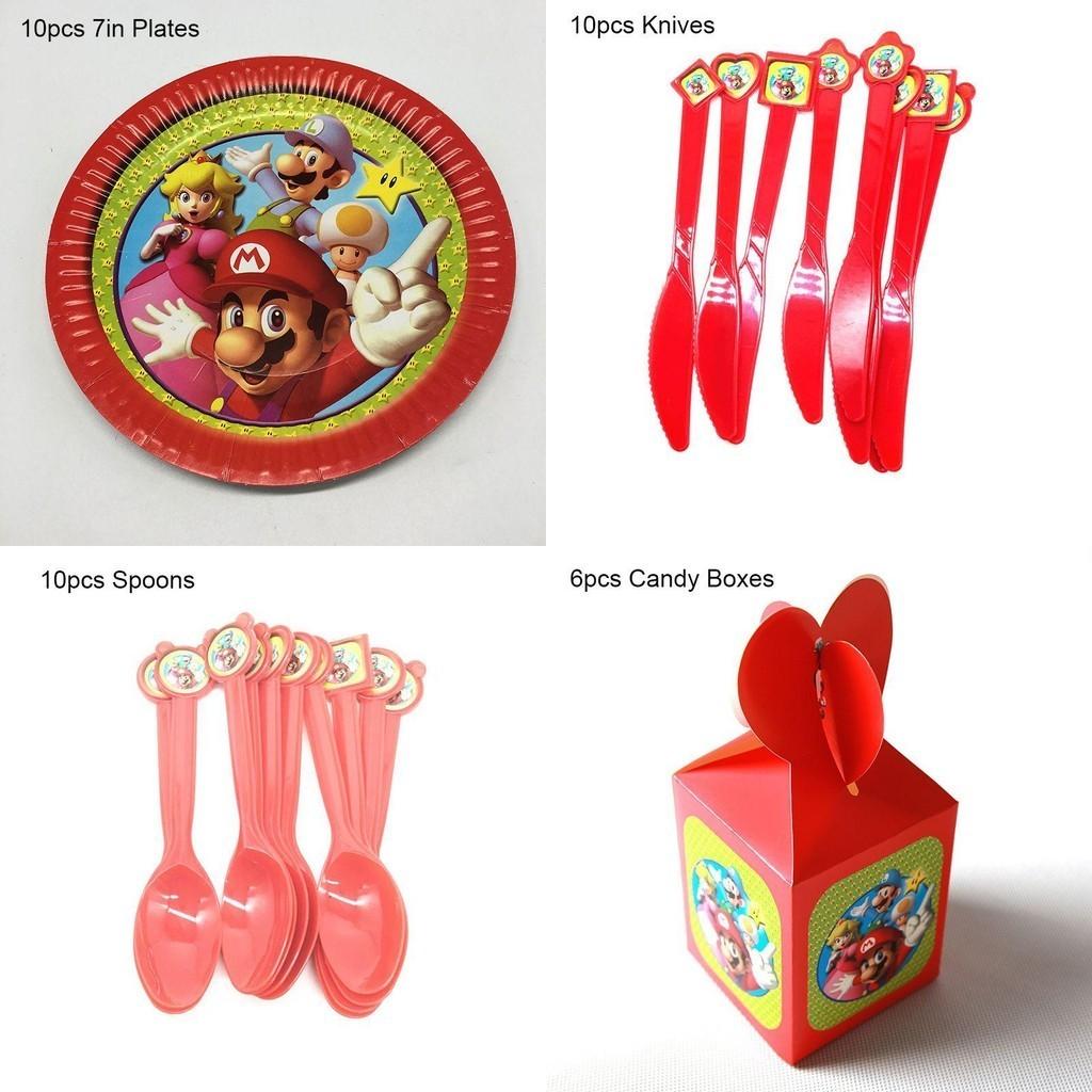 Renkli Bayraklar, Bardaklar ve Peçetelerle Süper Mario Temalı Doğum Günü Partisi Malzemeleri