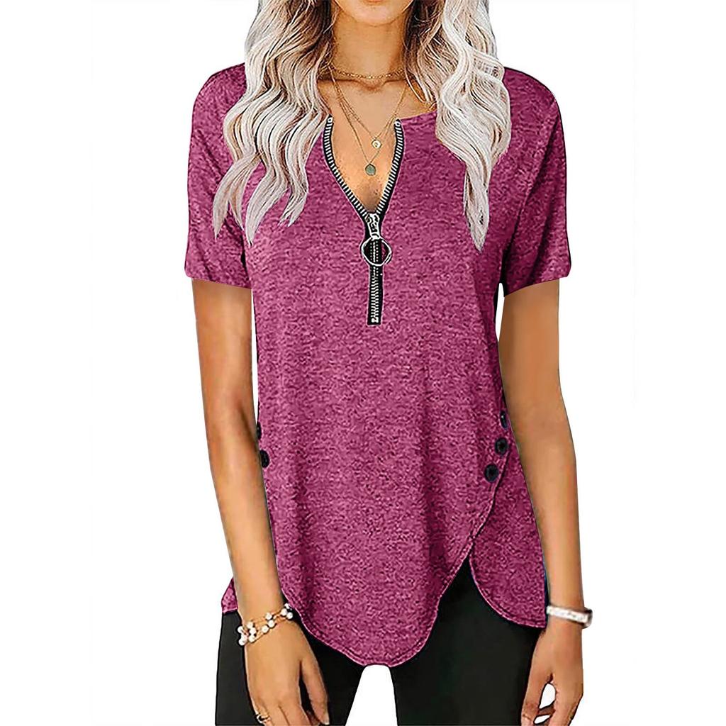 Womens Casual Color Zipper Short Sleeve Loose Top T-Shirt Blouse