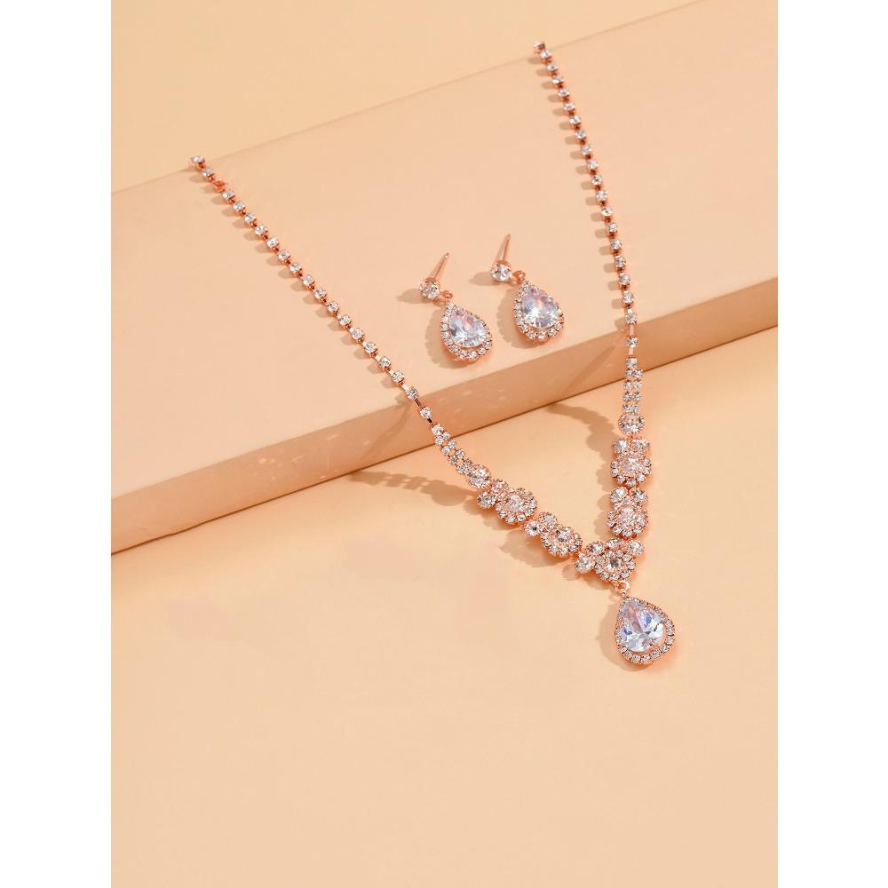 Wedding Jewelry Set Three-piece Set Bright Rhinestones Zircon Angel Teardrop Necklace Earrings Bracelet