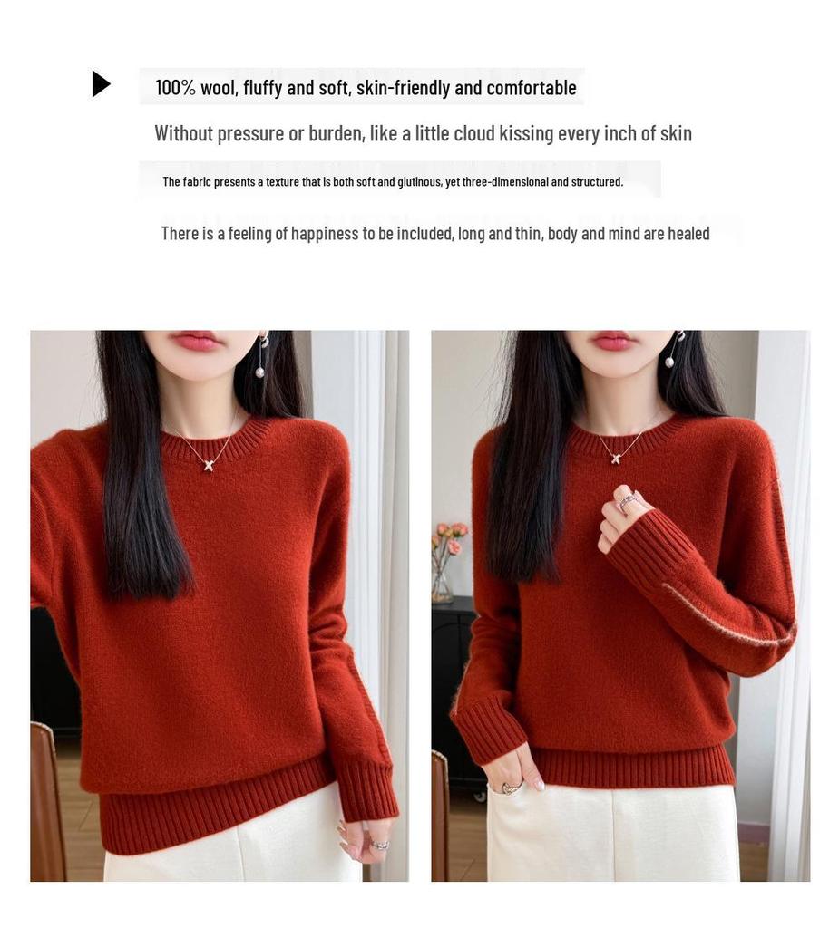 2026 Winter Pure Wool Color Block Knit Sweater - Thick, Double-Ply, Round Neck, Long Sleeve