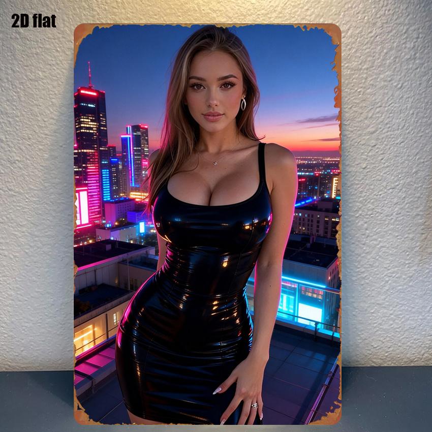 High Definition Custom Metal Tin Sign Night City Rooftop Pin Up Girl Vintage Wall Art Print Retro Decor For Man Cave Bedroom Bar