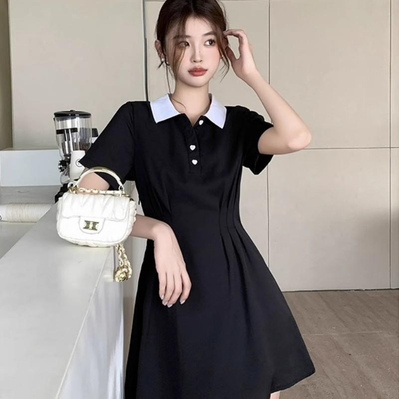 Polo collar dress women's summer new large size student small slim and thin waist A word small black skirt