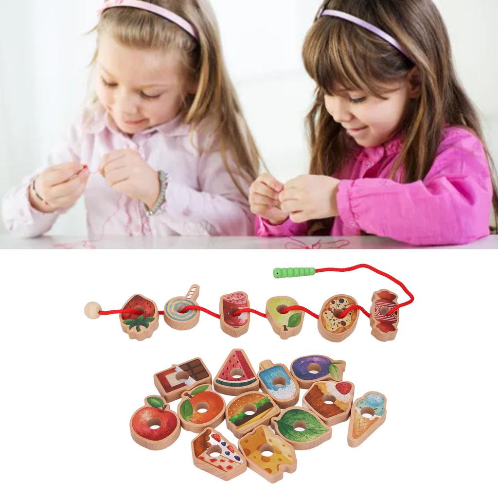 Wooden Threading Toy Fine Motor Skills Early Learning Food Fruit Shape Blocks Lacing Toy for Toddler