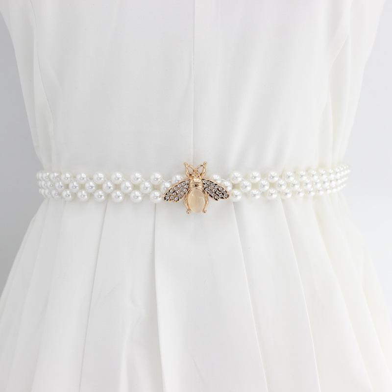 Women'S Rhinestone Pearl Waist Chain Dress Decorative Elastic Belt Women'S Sweet Flower Elastic Waist Seal