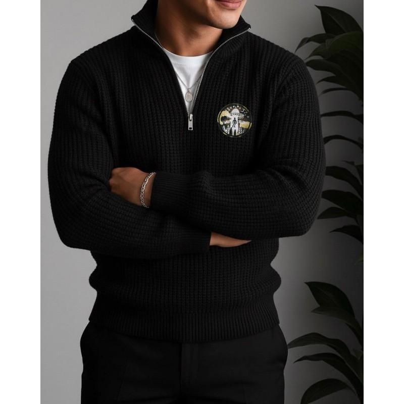 Mens Vintage Knit Pullover Hoodie With Embroidered Badge Casual Loose Fit Youth