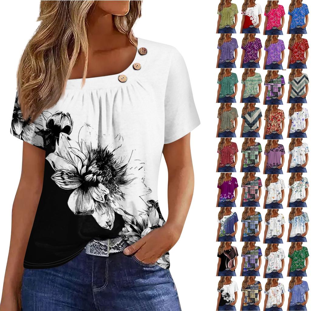 Women's Casual Floral Print Button Round Neck Short Sleeved T-shirt Top