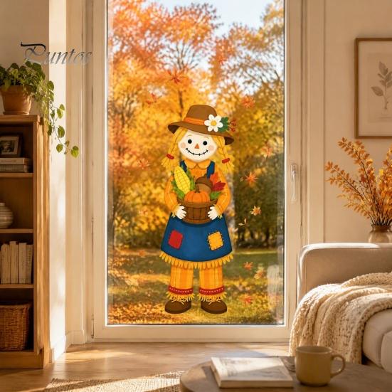 Harvest Festival Glass Stickers Fall Window Clings, Autumn Scarecrow Maple Leaf Stickers, Reusable Double-Sided Theme Ornaments Static PVC Decals for