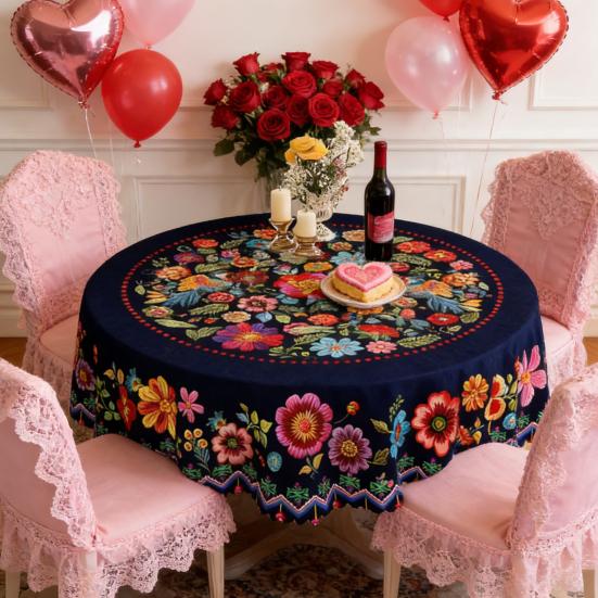 Mexican Floral Tablecloth Round Table Cover with Scalloped Edge Colorful Flower Folk Art Pattern