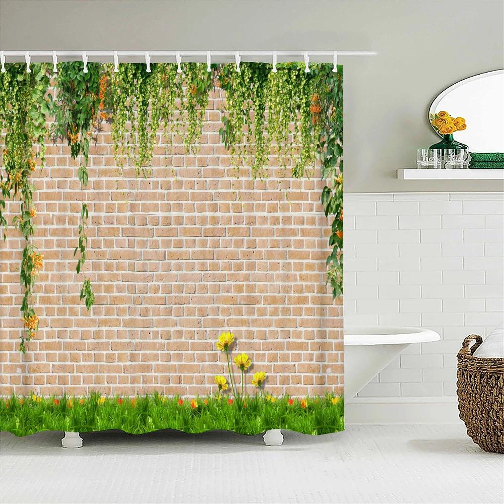 Rural Landscape Fabric Shower Curtain Bathroom Curtains Rock Brick Wall Plant Flowers Waterproof Decor Bath Screen With Hook