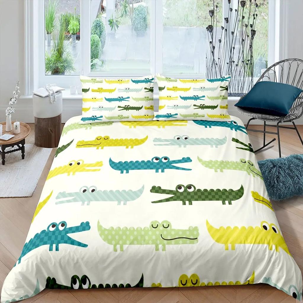 Gren Frog Crocodile Beding Soft Duvet Cover for Children Kids Young Boys Young Girls Pond Lotus Flowers Carton Lovely Animals Children Women Rom Decor