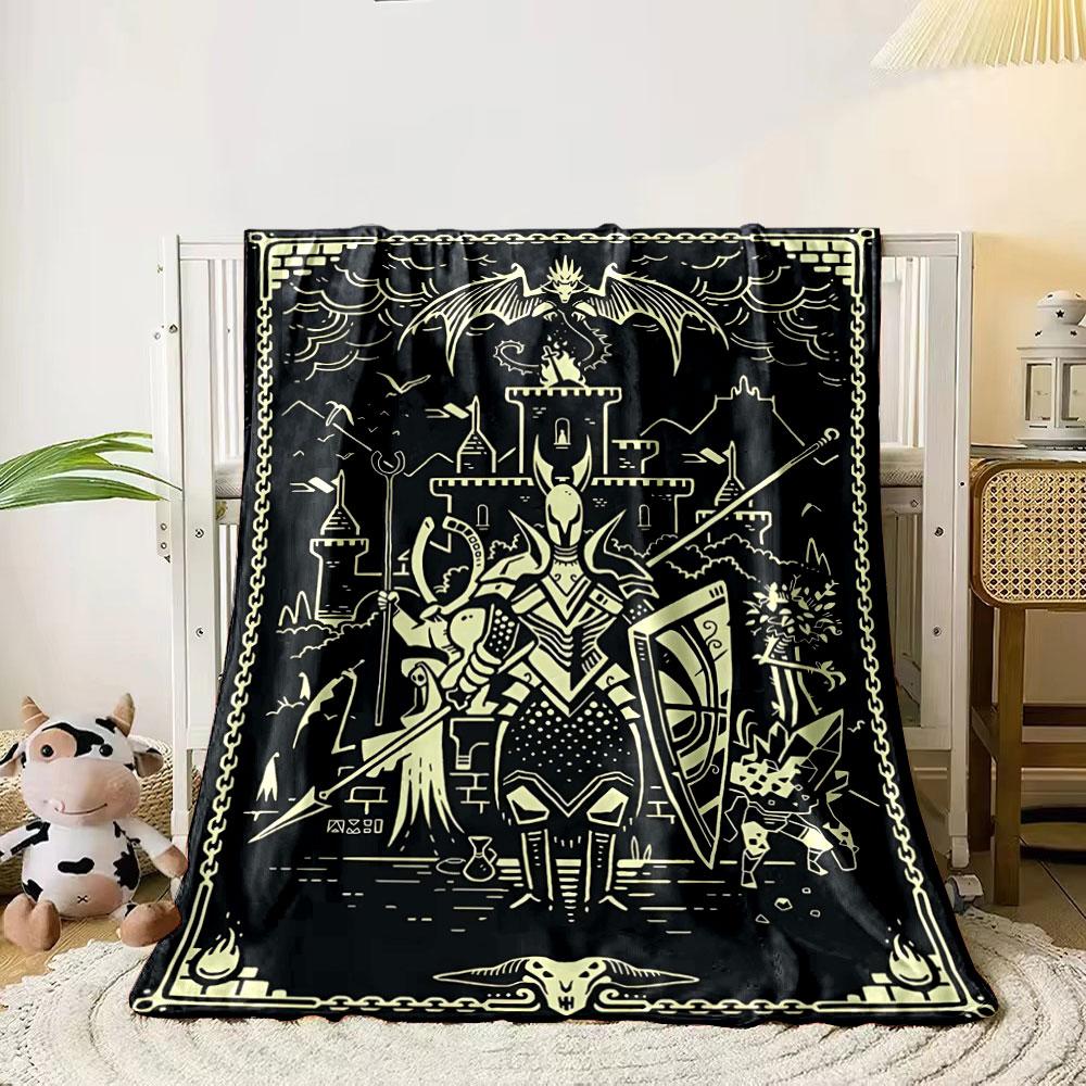 Medieval knight standing before a castle with a dragon above. for all seasons blanket lunch break throw gift 80cm x 120cm