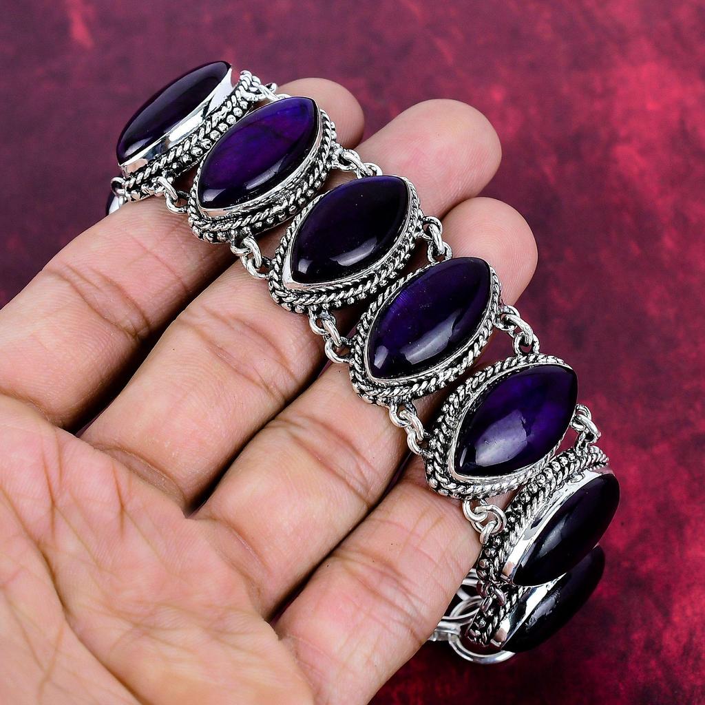 Purple Flash Labradorite 925 Solid Sterling Silver Bracelet, With Adjustable Chain, Handmade Gemstone Bracelet & Necklace Jewelry Set For Memorial Day