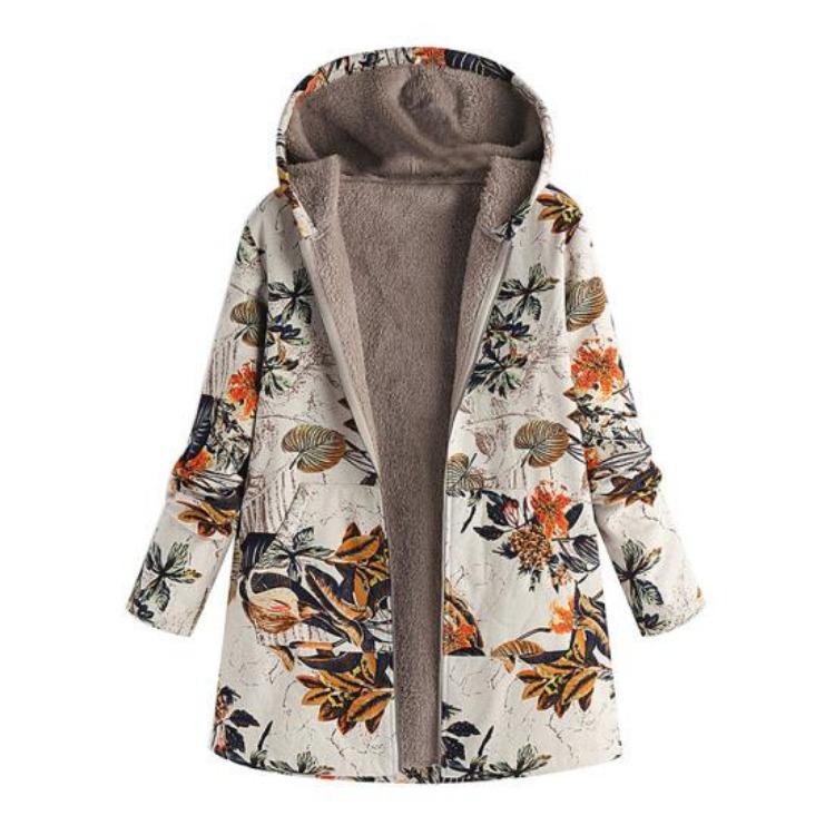 Women Fleece Lining Winter Hooded Coat Floral Leaf Print Long Sleeve