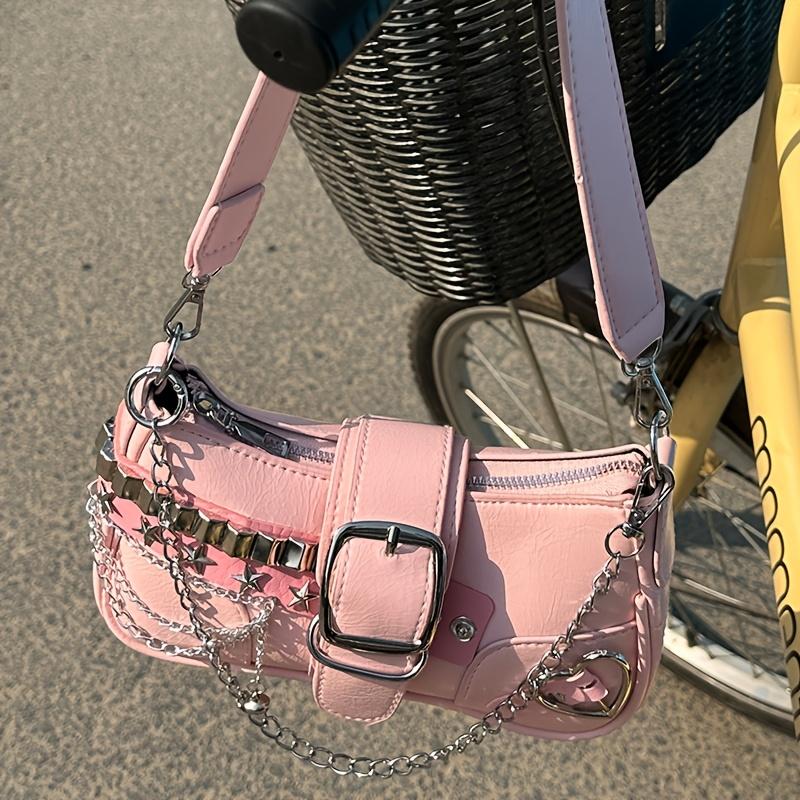 A Stylish Y2K Pink Crossbody Bag with a Chain Pendant - a Sweet and Cool Style Crossbody Bag, Perfect for Both School and Everyday Commuting.
