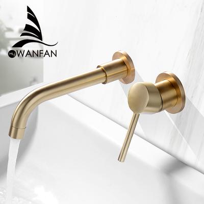 Fashion Basin Faucets Wall Mounted Two Holes Bathroom Sink Mixer Tap Gold Brushed Swivel Tube Brass Single Handle Faucet 855011