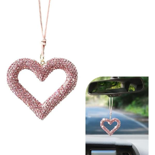 Bling Heart Car Hanging Accessories, Crystal Rhinestone Rearview Mirror Hanging Ornaments, Cute Diamond Rear View Mirror Charm Pendant Ornaments,
