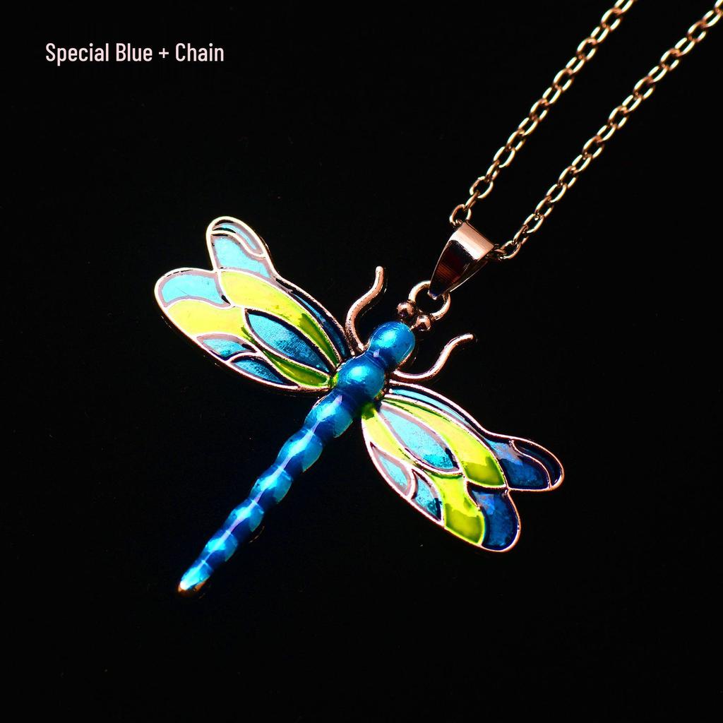 Silver Dragonfly Necklace with Luminous Butterfly - Retro Forest-Inspired