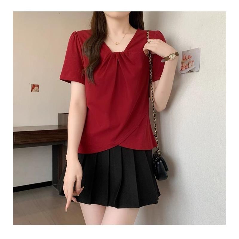 Summer New Temperament V-neck Short-sleeved T-shirt Women's Slim Casual and Versatile Top