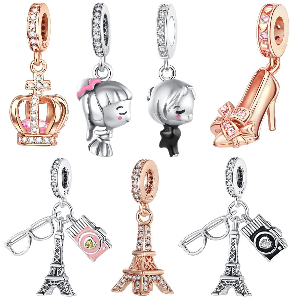 DIY Bracelet Beads With Eiffel Tower Camera Charm Rose Gold Crown Pendant For Date Travel Gift