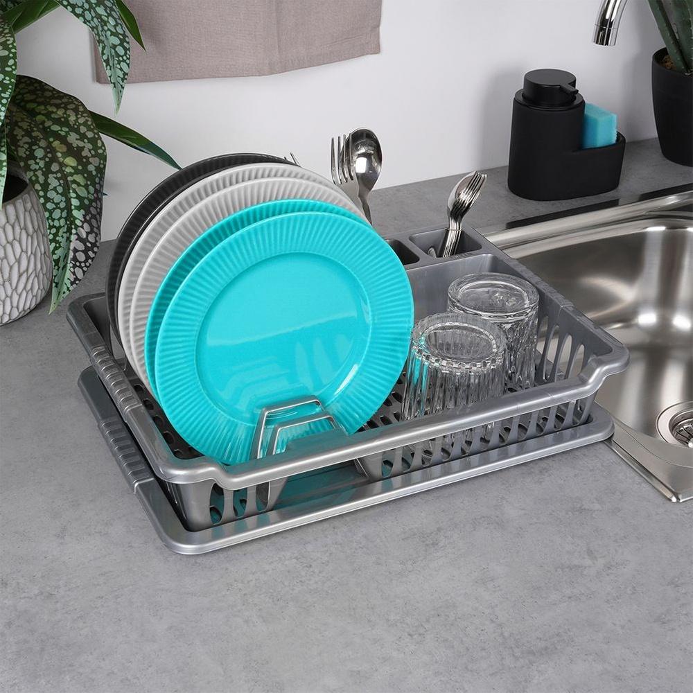 Gray Dish Drying Rack with Drip Tray 40x29cm