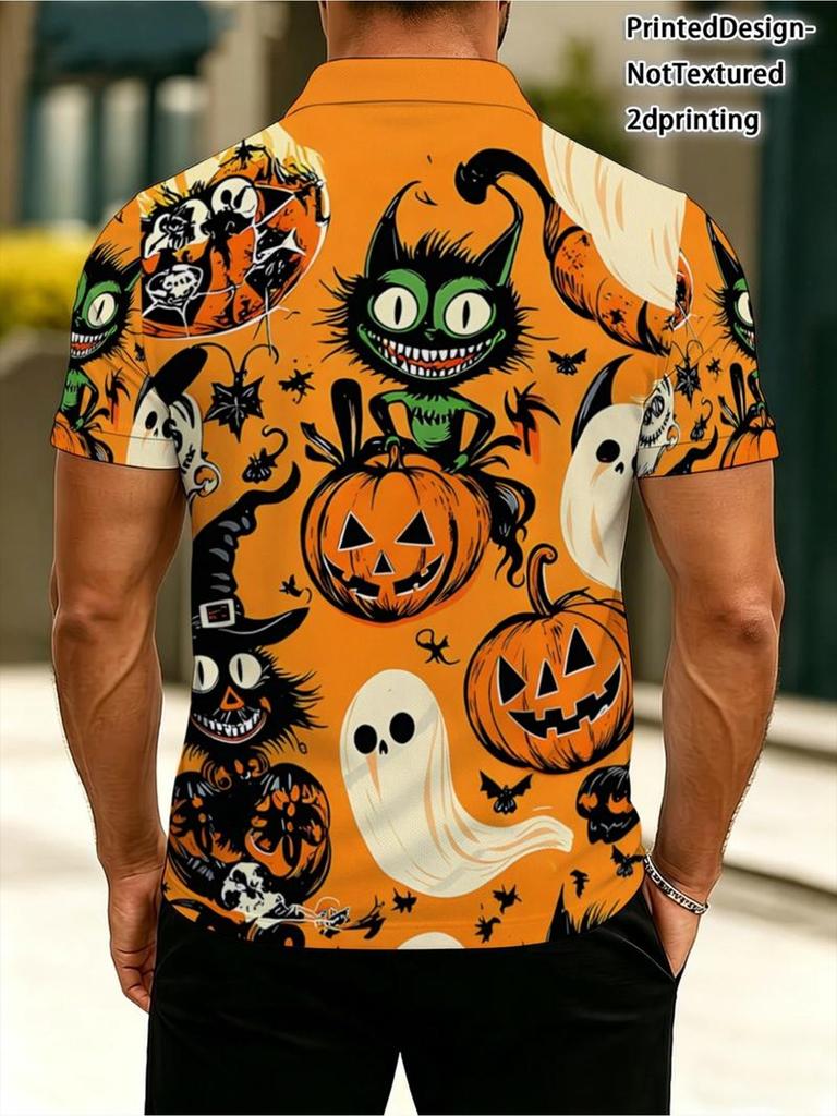 Printed Design - Non-Textured 2D Printing Men'S Polo Shirt, Lightweight Polyester Fabric, Comfortable And Breathable, Halloween-Themed Pattern with