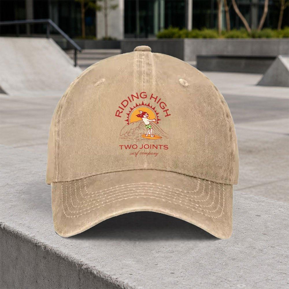 Riding High Vintage Washed Surf Baseball Cap  Adjustable Hook  Loop Duckbill Cap for Unisex  Women
