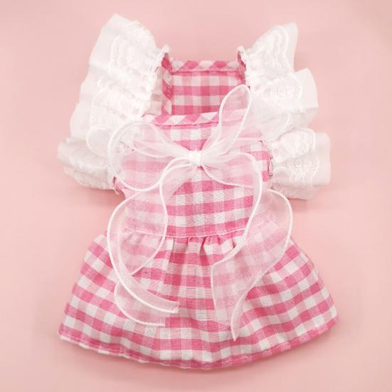 Cat Princess Dress Lace Stitching Square Collar Ruffle Sleeves Plaid Printing Pet Dog Cat Bowknot Skirt Daily Wear
