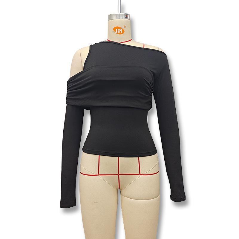 European and American 2025 Women Clothes Spring New Fashion Sexy Solid Long Sleeve off-the-Shoulder Double-Layer Chest Film T-shirt Top Women