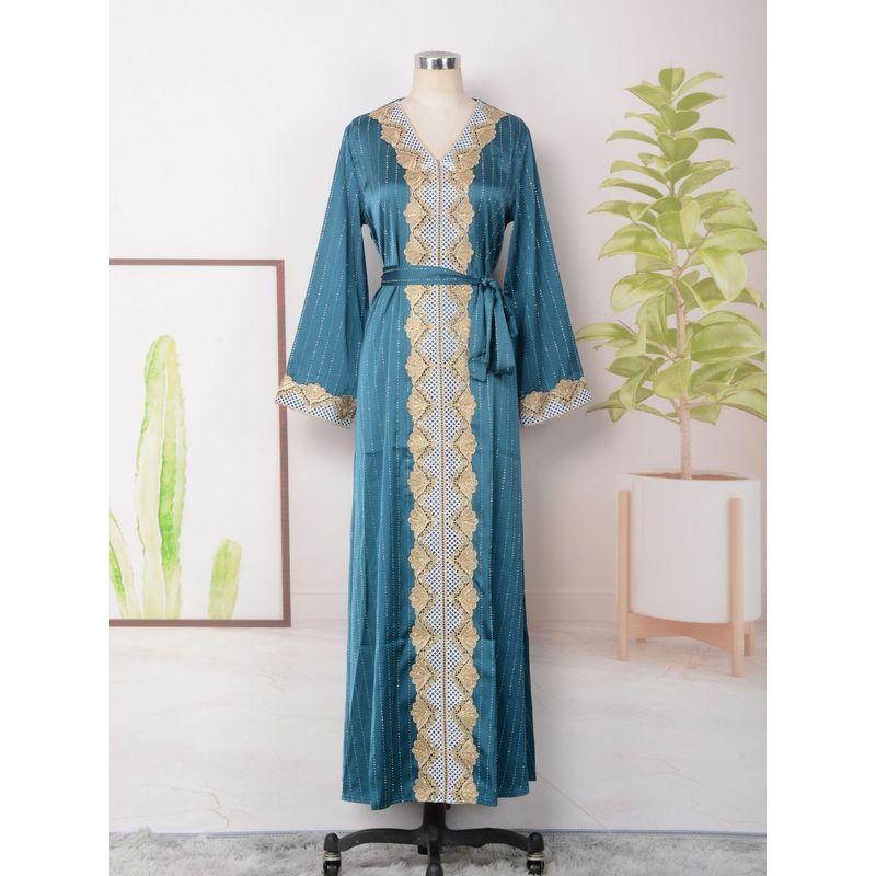 Middle East Robe Elegant New Women clothes Hot Drilling Long sleeve V-neck Big Hemline Lace Gold Thread Dress Insdresses