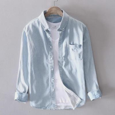Herren Langarmhemd aus leichtem Denim - Lockere, verwaschene Sommerjacke im japanischen Stil