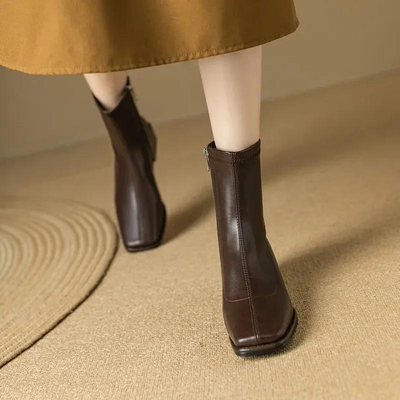 Damen Stiefeletten mit quadratischer Zehenpartie, Flock-Stretch-Schuhe, dünne, mittelhohe Absätze, Schwarz/Braun/Beige, Reißverschluss hinten, Sockenstiefel, Damengröße 34–40