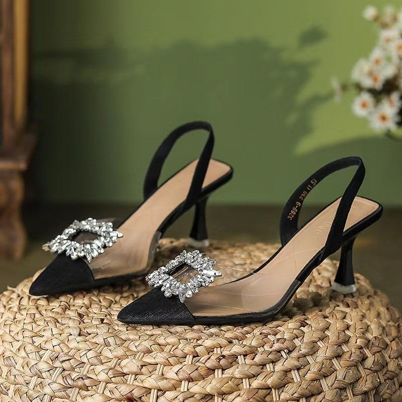 Summer New Versatile Soft Leather Rhinestone Square Buckle High Heels Femininity Super Soft Pure Desire Full Diamond Women's Sandals